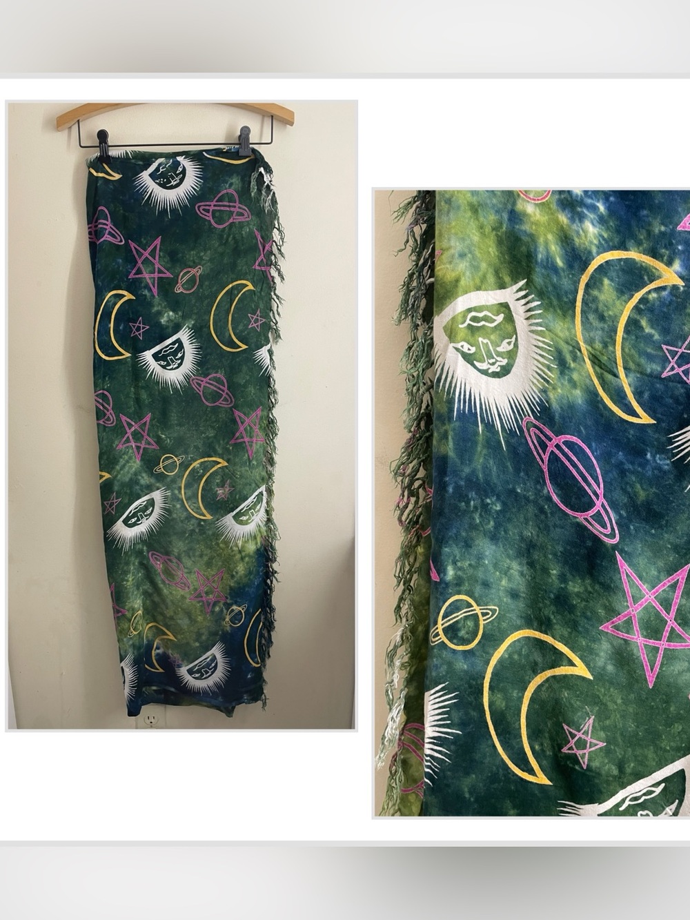 Celestial Sun Moon Stars Tie Dye Sarong Wrap Scarf Green Fringe 60x48